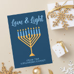 Hanukkah Love & Light Custom Menorah Blue Gold Holiday Card<br><div class="desc">Cute custom Love and Light Hanukkah card for a Jewish family or a Chanukah party with a synagogue. Personalise with your own last name or group information in blue under the pretty gold menorah.</div>