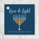 Hanukkah Love & Light Custom Menorah Blue Party Favour Tags<br><div class="desc">Cute custom Love and Light Hanukkah party favour tags for a Jewish family Chanukah dinner celebration with a synagogue. Personalise this pretty decor with your own last name or group information in blue under the pretty gold menorah.</div>
