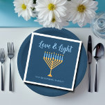 Hanukkah Love & Light Custom Menorah Blue Party Napkin<br><div class="desc">Cute custom Love and Light Hanukkah paper napkin for a Jewish family dinner or a Chanukah party with a synagogue. Personalise this pretty decor with your own last name or group information in blue under the pretty gold menorah.</div>
