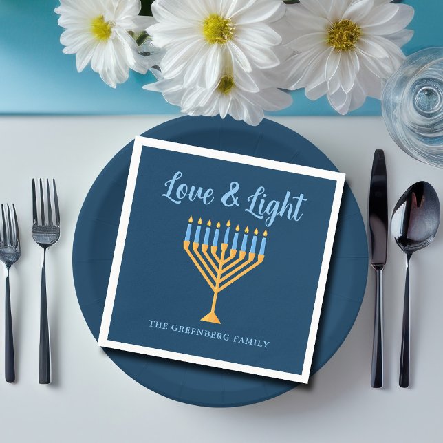 Hanukkah Love & Light Custom Menorah Blue Party Napkin (Creator Uploaded)
