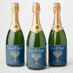 Hanukkah Love & Light Custom Menorah Blue Party Sparkling Wine Label<br><div class="desc">Cute custom Love and Light Hanukkah champagne bottle label for a Jewish family or a Chanukah party with a synagogue. Personalise with your own last name or group information in blue under the pretty gold menorah to give as gifts.</div>