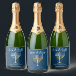 Hanukkah Love & Light Custom Menorah Blue Party Sparkling Wine Label<br><div class="desc">Cute custom Love and Light Hanukkah champagne bottle label for a Jewish family or a Chanukah party with a synagogue. Personalise with your own last name or group information in blue under the pretty gold menorah to give as gifts.</div>