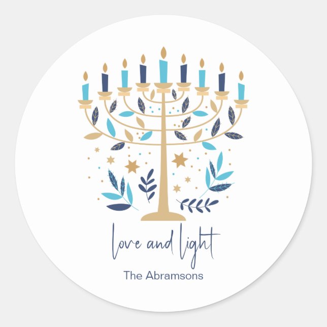 Hanukkah Love & Light Floral Menorah  Classic Round Sticker (Front)