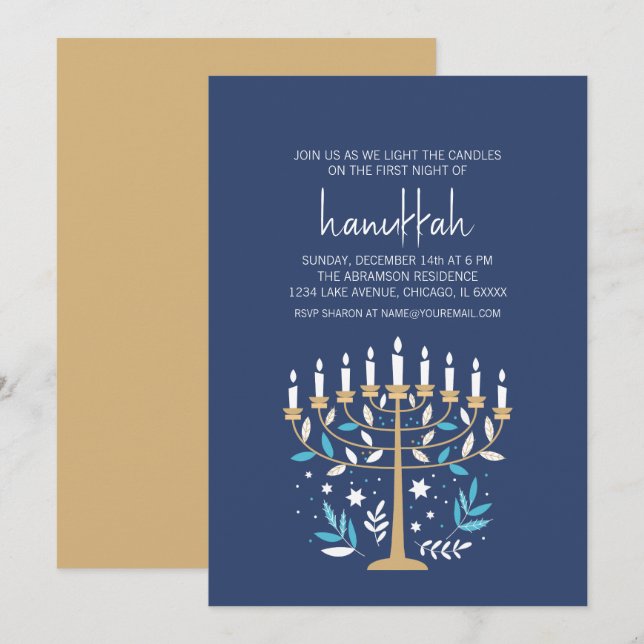 Hanukkah Love & Light Floral Menorah Holiday Party Invitation (Front/Back)