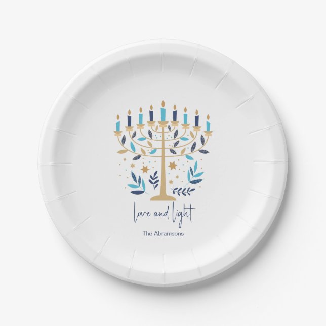 Hanukkah Love & Light Floral Menorah Paper Plate (Front)