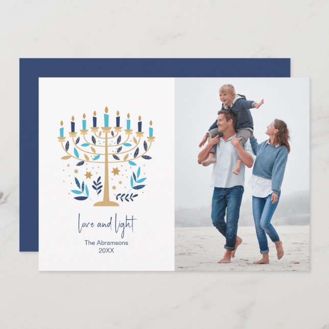 Hanukkah Love & Light Floral Menorah Photo Card (Front/Back)