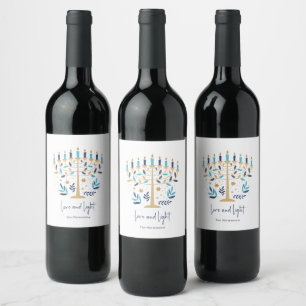 Hanukkah Love & Light Floral Menorah Wine Label