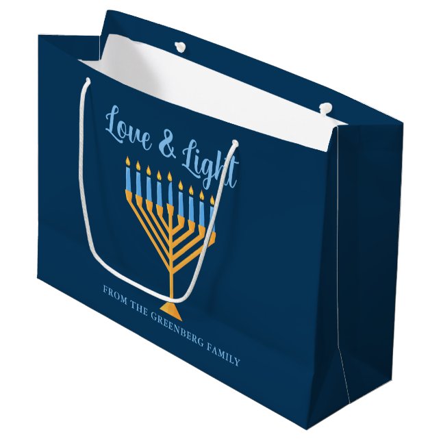 Hanukkah Love & Light Menorah Customisable Blue Large Gift Bag (Front Angled)