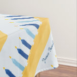 Hanukkah Menorah Blue and Gold Tablecloth<br><div class="desc">Celebrate the spirit of Hanukkah. This design features a gold and blue menorah on a light blue background. The tablecloth itself has space to write your name in the corner. Order yours today!
Clipart courtesy of Sonya DeHart Design at:
http://www.sonyadehartdesign.com |http://www.sonyadehartdesign.etsy.com</div>