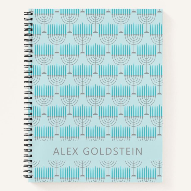 Hanukkah Menorah Blue Personalised Kids Name Notebook (Front)