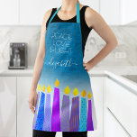 Hanukkah Menorah Candle Turquoise Peace Love Light Apron<br><div class="desc">“Peace, love & light.” Here’s a wonderful way add to the fun of your holiday baking. Add extra sparkle to your holiday culinary adventures whenever you wear this stunning, colourful, custom name Hanukkah apron. A playful, artsy illustration of blue menorah candles with colourful faux foil patterns and modern typography overlay...</div>