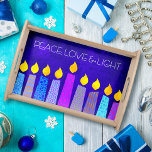 Hanukkah Menorah Candles on Blue Peace Love Light Serving Tray<br><div class="desc">“Peace, love & light.” A playful, modern, artsy illustration of boho pattern candles helps you usher in the holiday of Hanukkah. Assorted blue candles with colourful faux foil patterns overlay a rich, deep blue textured background. Feel the warmth and joy of the holiday season whenever you use this stunning, colourful...</div>