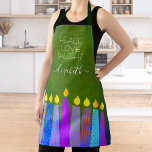 Hanukkah Menorah Candles on Green Peace Love Light Apron<br><div class="desc">“Peace, love & light.” Here’s a wonderful way add to the fun of your holiday baking. Add extra sparkle to your holiday culinary adventures whenever you wear this stunning, colourful, custom name Hanukkah apron. A playful, artsy illustration of blue menorah candles with colourful faux foil patterns and modern typography overlay...</div>