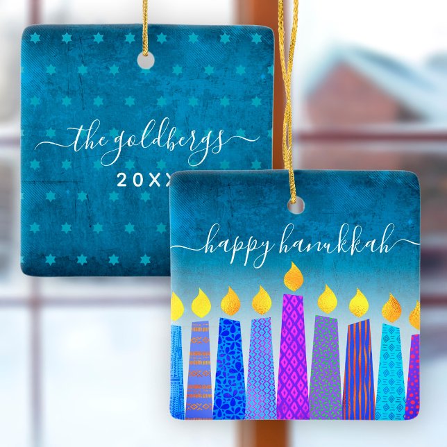 Hanukkah Menorah Candles Turquoise Keepsake Custom Ceramic Ornament (Creator Uploaded)