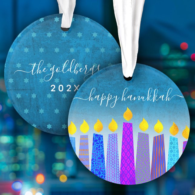 Hanukkah Menorah Candles Turquoise Keepsake Custom Ornament (Creator Uploaded)