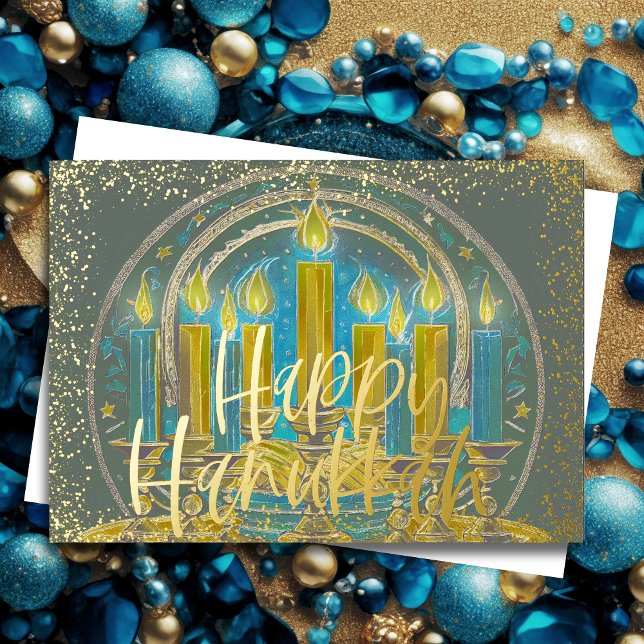 Hanukkah Menorah Drawing Yellow Blue Grey Foil Holiday Card (Creator Uploaded)