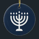 Hanukkah menorah festival of lights blue modern ceramic tree decoration<br><div class="desc">"Happy Hanukkah" ceramic round ornament with Menorah.</div>