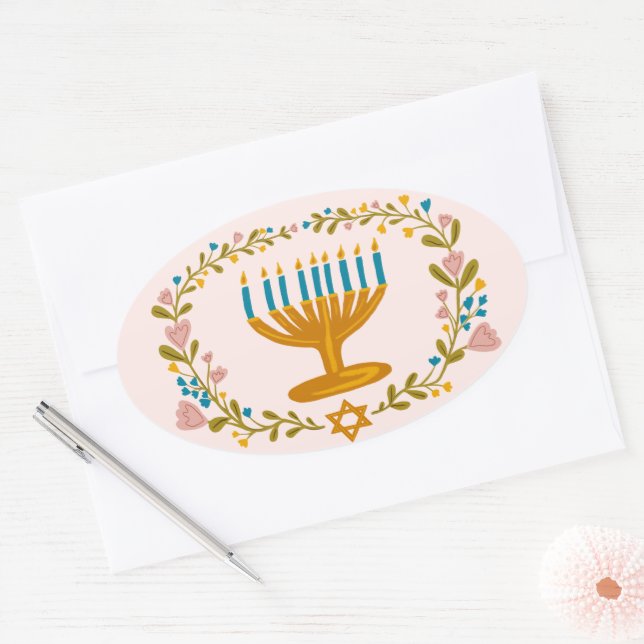 HANUKKAH Menorah floral wreath Jewish Holiday  Oval Sticker (Envelope)
