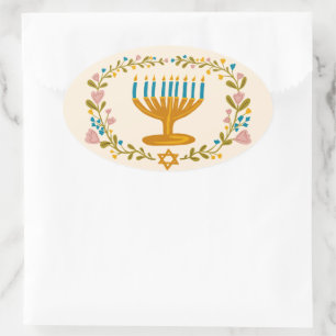 HANUKKAH Menorah floral wreath Jewish Holiday  Oval Sticker