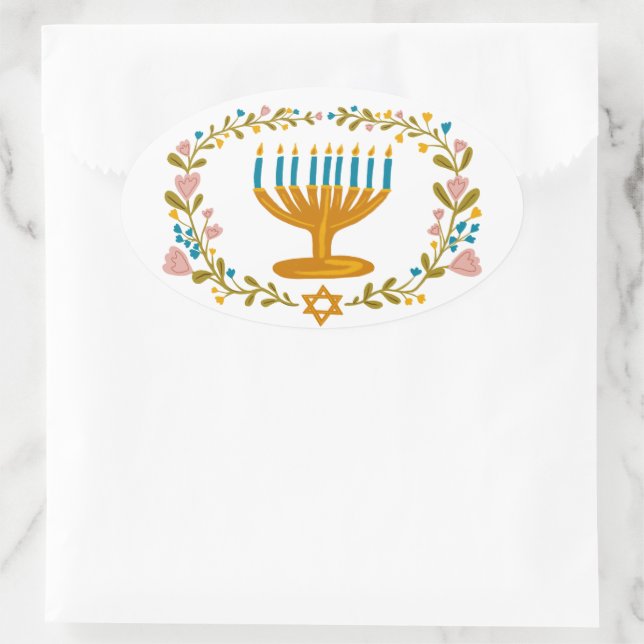 HANUKKAH Menorah floral wreath Jewish Holiday  Oval Sticker (Bag)