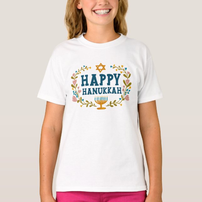HANUKKAH Menorah floral wreath Jewish Holiday  T-Shirt (Front)