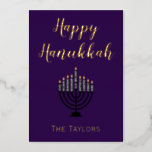 Hanukkah Menorah  Foil Holiday Card<br><div class="desc">A lovely greeting card for Hanukkah, this design features "Happy Hanukkah" on a lovely purple background. The centre has a menorah with a place to insert your family's name at the bottom. The back continues with the beautiful purple background. There is a message of blessings included. Order yours today! Menorah:...</div>