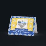 Hanukkah Menorah for Friend Star of David Holiday Card<br><div class="desc">A silver menorah with blue candles on an ornate background decorates the cover of this Happy Hanukkah card for a friend. Add your friend’s name to the cover for a personalised greeting. Card has a mosaic tile texture look. Art,  image,  and verse copyright © Shoaff Ballanger Studios,  2023.</div>