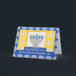 Hanukkah Menorah for Son and Daughter in Law Holiday Card<br><div class="desc">A silver menorah with blue candles on an ornate background decorates the cover of this Happy Hanukkah card for son and daughter in law. Card has a mosaic tile texture look. Art,  image,  and verse copyright © Shoaff Ballanger Studios,  2023.</div>