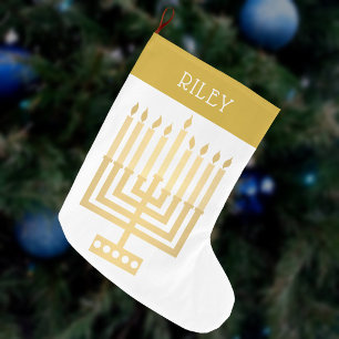 Hanukkah Menorah Gold Tone Elegant Modern Large Christmas Stocking