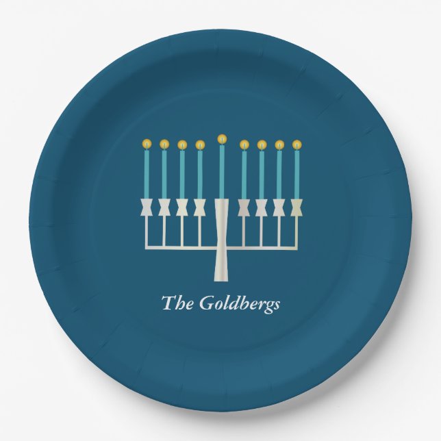 Hanukkah Menorah in Blue Custom Family Name Paper Plate (Front)