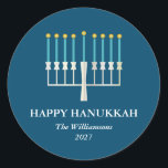 Hanukkah Menorah in Blue Personalised Classic Round Sticker<br><div class="desc">Simple Hanukkah greeting with a lit menorah illustration in blue. All text can be customised so you can use your preferred Hanukkah spelling.</div>