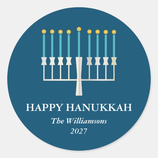 Hanukkah Menorah in Blue Personalised Classic Round Sticker (Front)