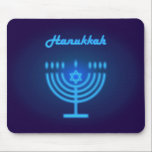 Hanukkah Menorah lights Festival decoration Mouse Mat<br><div class="desc">Hanukkah Menorah Neon lights Navy Blue Background. Hanukkiah Candlestick with Candles,  Star of David,  Israeli star. Modern Design,  Home Decor. Festival Jewish Winter Holiday Decoration</div>