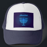 Hanukkah Menorah lights Festival decoration Trucker Hat<br><div class="desc">Hanukkah Menorah lights Festival decoration Navy blue neon colour,  modern design,  75th Anniversary Israel festival celebrate birthday gifts Accessories > Hats & Hair Accessories > Hats & Caps > Baseball & Trucker Hats</div>