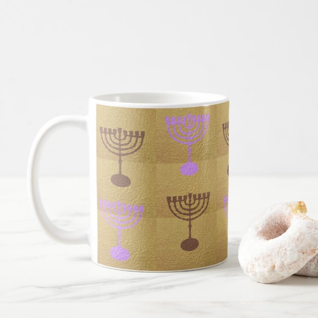 Hanukkah Menorah Lights Holiday Gold Symbol Coffee Mug (With Donut)