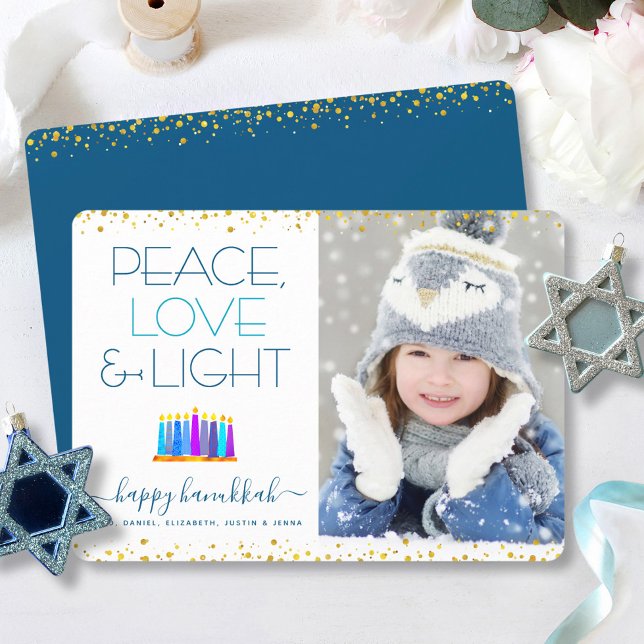 Hanukkah Menorah Modern Peace Love Light Photo Holiday Card (Creator Uploaded)
