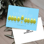 Hanukkah Menorah Olives | Baby Blue Company Logo Holiday Card<br><div class="desc">Celebrate the spirit of teamwork this Hanukkah with a card that’s as playful as it is meaningful. On the front, a lively group of olives join forces, standing side by side to create a glowing menorah — complete with the fun-loving message “Happy Hanukkah from olive us.” It’s a cheerful way...</div>