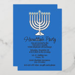 Hanukkah Menorah Party<br><div class="desc">Chic Hanukkah party foil invitation done in blue,  with graphics of a silver foil menorah and silver foil custom text. Personalise the custom text,  on the front,  to suit your holiday party needs.</div>