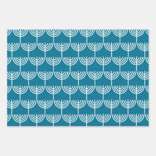 Hanukkah Menorah Pattern in Teal and White Wrapping Paper Sheet