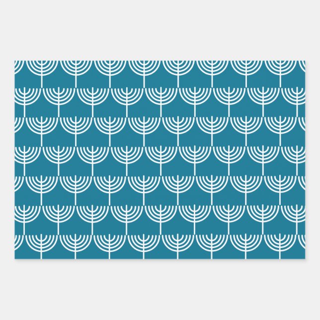 Hanukkah Menorah Pattern in Teal and White Wrapping Paper Sheet (Front)