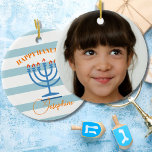 Hanukkah Menorah Photo Blue Orange  Ceramic Tree Decoration<br><div class="desc">Change up your Hanukkah wishes with this modern striped Menorah design. Still using the traditional seasonal colours.
The blue Menorah has orange flames.
Blues and oranges.
There is a place for your own personal or family photo 
Modern and simple Hanukkah greeting.</div>