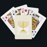 Hanukkah MENORAH Playing Cards<br><div class="desc">Elegant white Hanukkah MENORAH playing cards, showing with faux gold menorah in a tiled pattern. At the centre, there is an image of a large menorah which is CUSTOMIZABLE, so you can upload your own image. Underneath, the text reads CHAG SAMEACH. This is also customisable so you can add your...</div>
