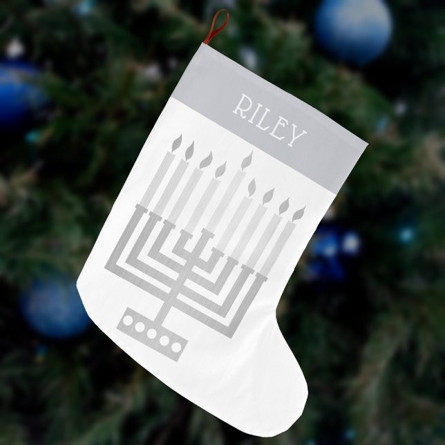 Hanukkah Menorah Silver Tone Elegant Modern Large Christmas Stocking (Add a name to this faux silver Hanukkah menorah Christmas stocking for a personalized holiday gift)