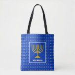 HANUKKAH | Menorah | Star David| Personalised Blue Tote Bag<br><div class="desc">Stylish festive all over print blue TOTE BAG with faux silver Star of David in subtle background pattern. Placeholder text is customisable so you can change HAPPY HANUKKAH to a greeting of your own choice (text of similar length), your name or text in your own language. Part of the HANUKKAH...</div>