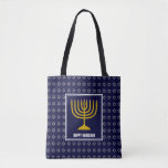 HANUKKAH Menorah Star David Personalised Navy Blue Tote Bag<br><div class="desc">Stylish festive all over print navy blue TOTE BAG with faux silver Star of David in subtle background pattern. Placeholder text is customisable so you can change HAPPY HANUKKAH to a greeting of your own choice (text of similar length), your name or text in your own language. Part of the...</div>