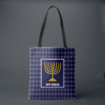 HANUKKAH Menorah Star David Personalised Navy Blue Tote Bag<br><div class="desc">Stylish festive all over print navy blue TOTE BAG with faux silver Star of David in subtle background pattern. Placeholder text is customisable so you can change HAPPY HANUKKAH to a greeting of your own choice (text of similar length), your name or text in your own language. Part of the...</div>