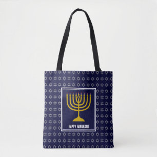 HANUKKAH Menorah Star David Personalised Navy Blue Tote Bag