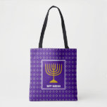 HANUKKAH Menorah Star David Personalised Purple Tote Bag<br><div class="desc">Stylish festive all over print purple TOTE BAG with faux silver Star of David in subtle background pattern. Placeholder text is customisable so you can change HAPPY HANUKKAH to a greeting of your own choice (text of similar length), your name or text in your own language. Part of the HANUKKAH...</div>