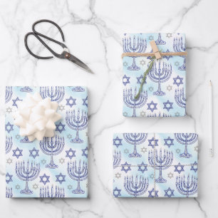 Hanukkah Menorah Star of David Doodle Art Style Wrapping Paper Sheet