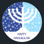 Hanukkah Menorah Sticker<br><div class="desc">A white graphic Hanukkah menorah sits against a wintry blue background on this sticker. Two tones of blue add contrast to the snowflakes and stars of the background. Add your own customised Hanukkah message underneath and start sticking this label on everything! Available in matching postage,  cards and other favours.</div>